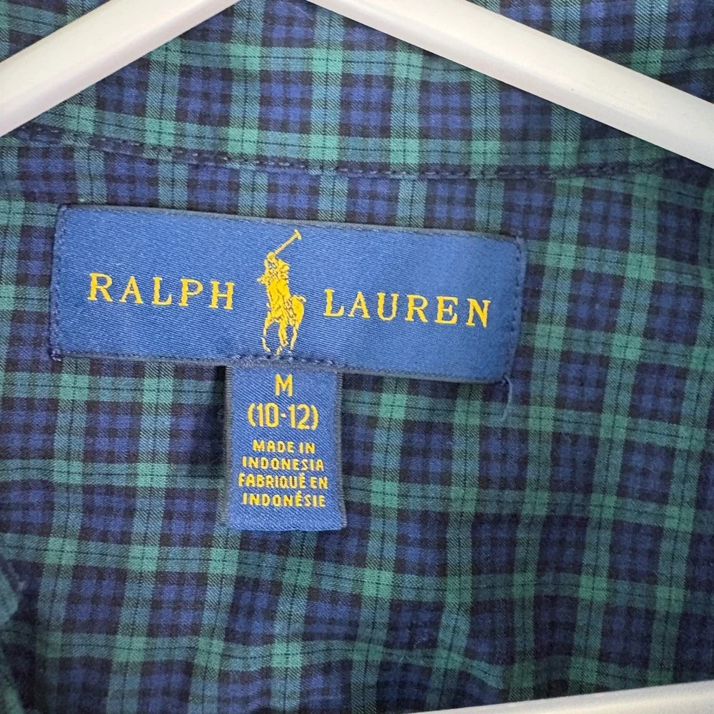Ralph Lauren Button Down Shirt Boys M 10-12 Green Blue Plaid Long Sleeve Preppy